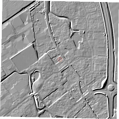 Shaded relief map of the ground around MK453HU, computed from Environment Agency LiDAR. The ground here sits at about 30 m above sea level and falls 8 m across the surrounding 800 m. Surface water reaching this point runs off ground lying to the west-south-west, 2.4 m higher.