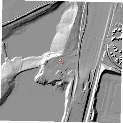 Shaded relief map of the ground around MK453JE, computed from Environment Agency LiDAR. The ground here sits at about 34 m above sea level and falls 21 m across the surrounding 800 m. Surface water reaching this point runs off ground lying to the south-south-west, 4.3 m higher.
