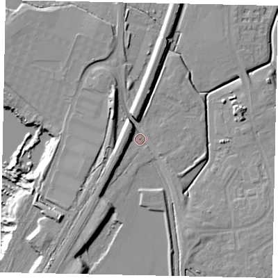 Shaded relief map of the ground around MK453JG, computed from Environment Agency LiDAR. The ground here sits at about 35 m above sea level and falls 16 m across the surrounding 800 m. Surface water reaching this point runs off ground lying to the south-west, 8.4 m higher.