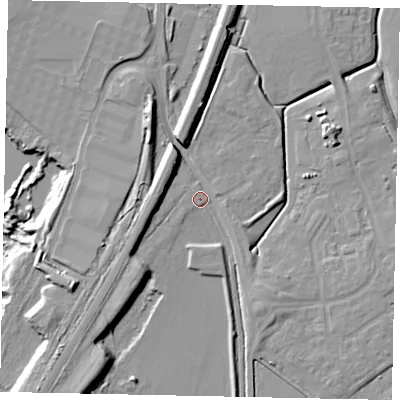Shaded relief map of the ground around MK453JJ, computed from Environment Agency LiDAR. The ground here sits at about 35 m above sea level and falls 14 m across the surrounding 800 m. Surface water reaching this point runs off ground lying to the south-west, 8.4 m higher.