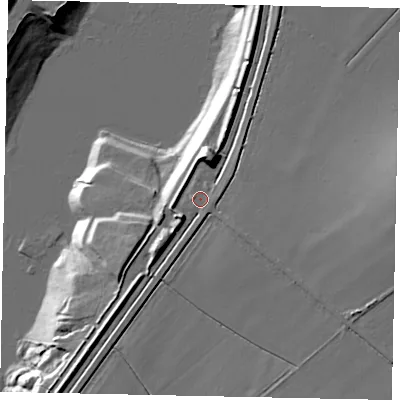 Shaded relief map of the ground around MK453JP, computed from Environment Agency LiDAR. The ground here sits at about 37 m above sea level and falls 18 m across the surrounding 800 m. Surface water reaching this point runs off ground lying to the east-north-east, 1.1 m higher.