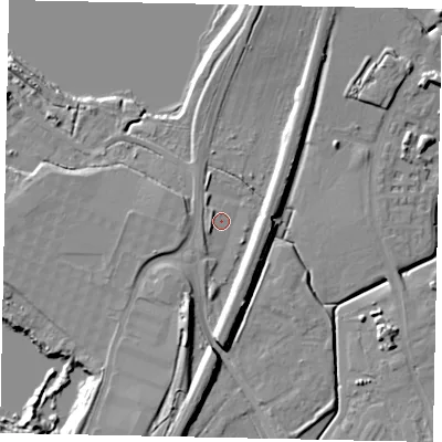 Shaded relief map of the ground around MK453NJ, computed from Environment Agency LiDAR. The ground here sits at about 34 m above sea level and falls 11 m across the surrounding 800 m. Surface water reaching this point runs off ground lying to the south, 6.9 m higher.