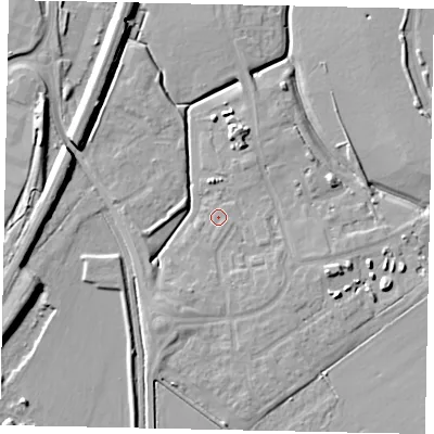 Shaded relief map of the ground around MK453NS, computed from Environment Agency LiDAR. The ground here sits at about 35 m above sea level and falls 11 m across the surrounding 800 m. Surface water reaching this point runs off ground lying to the south-south-west, 3.0 m higher.