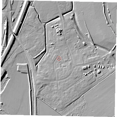 Shaded relief map of the ground around MK453NT, computed from Environment Agency LiDAR. The ground here sits at about 35 m above sea level and falls 10 m across the surrounding 800 m. Surface water reaching this point runs off ground lying to the south-west, 2.5 m higher.