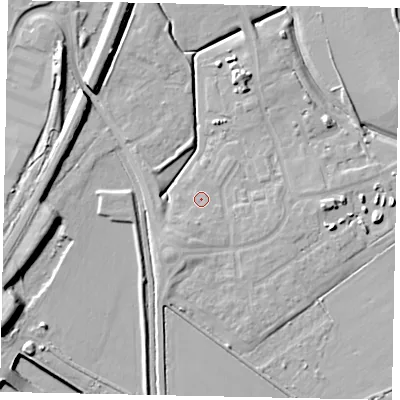 Shaded relief map of the ground around MK453NU, computed from Environment Agency LiDAR. The ground here sits at about 35 m above sea level and falls 12 m across the surrounding 800 m. Surface water reaching this point runs off ground lying to the south-south-west, 1.6 m higher.