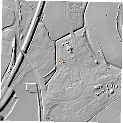 Shaded relief map of the ground around MK453NY, computed from Environment Agency LiDAR. The ground here sits at about 34 m above sea level and falls 12 m across the surrounding 800 m. Surface water reaching this point runs off ground lying to the east-south-east, 2.5 m higher.