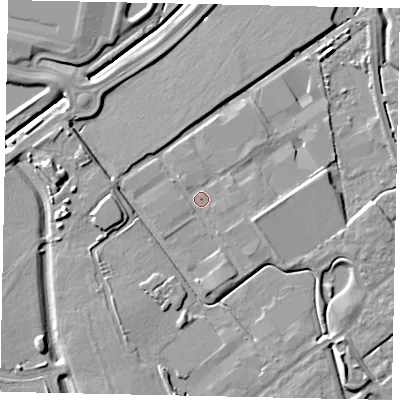 Shaded relief map of the ground around MK453PD, computed from Environment Agency LiDAR. The ground here sits at about 31 m above sea level and falls 7 m across the surrounding 800 m. Surface water reaching this point runs off ground lying to the south-east, 1.1 m higher.