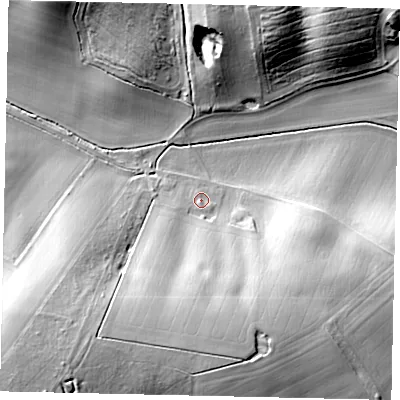 Shaded relief map of the ground around MK453QQ, computed from Environment Agency LiDAR. The ground here sits at about 61 m above sea level and falls 26 m across the surrounding 800 m. Surface water reaching this point runs off ground lying to the south-south-west, 17.9 m higher.