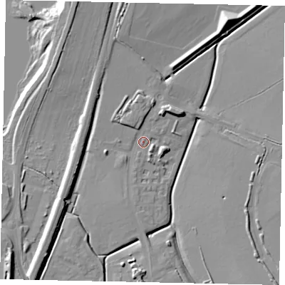 Shaded relief map of the ground around MK453RE, computed from Environment Agency LiDAR. The ground here sits at about 34 m above sea level and falls 12 m across the surrounding 800 m. Surface water reaching this point runs off ground lying to the north-north-east, 4.6 m higher.