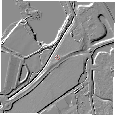 Shaded relief map of the ground around MK453RG, computed from Environment Agency LiDAR. The ground here sits at about 31 m above sea level and falls 10 m across the surrounding 800 m. Surface water reaching this point runs off ground lying to the south-east, 1.1 m higher.