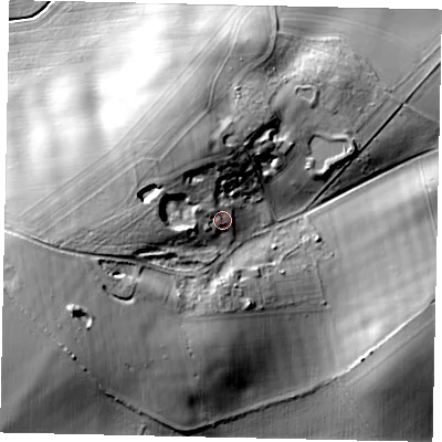 Shaded relief map of the ground around MK453RJ, computed from Environment Agency LiDAR. The ground here sits at about 86 m above sea level and falls 30 m across the surrounding 800 m. Surface water reaching this point runs off ground lying to the west, 10.8 m higher.
