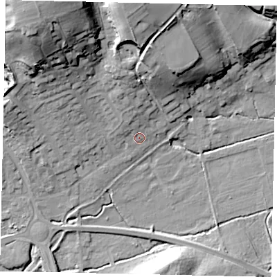 Shaded relief map of the ground around MK454AA, computed from Environment Agency LiDAR. The ground here sits at about 54 m above sea level and falls 36 m across the surrounding 800 m. Surface water reaching this point runs off ground lying to the north-west, 3.6 m higher.