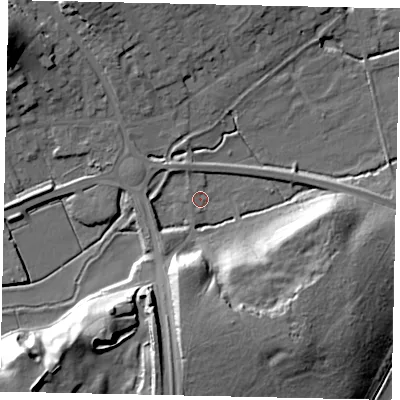 Shaded relief map of the ground around MK454AR, computed from Environment Agency LiDAR. The ground here sits at about 51 m above sea level and falls 28 m across the surrounding 800 m. Surface water reaching this point runs off ground lying to the south-east, 19.2 m higher.