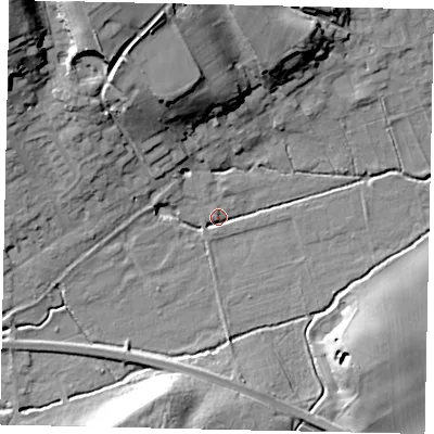 Shaded relief map of the ground around MK454BA, computed from Environment Agency LiDAR. The ground here sits at about 50 m above sea level and falls 31 m across the surrounding 800 m. Surface water reaching this point runs off ground lying to the west, 2.6 m higher.