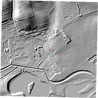 Shaded relief map of the ground around MK454BS, computed from Environment Agency LiDAR. The ground here sits at about 52 m above sea level and falls 29 m across the surrounding 800 m. Surface water reaching this point runs off ground lying to the north-east, 3.9 m higher.