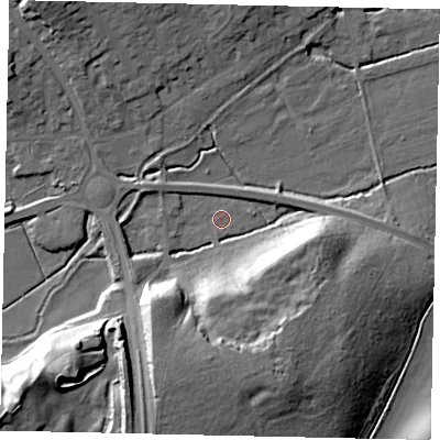 Shaded relief map of the ground around MK454FE, computed from Environment Agency LiDAR. The ground here sits at about 51 m above sea level and falls 26 m across the surrounding 800 m. Surface water reaching this point runs off ground lying to the south-south-east, 19.2 m higher.