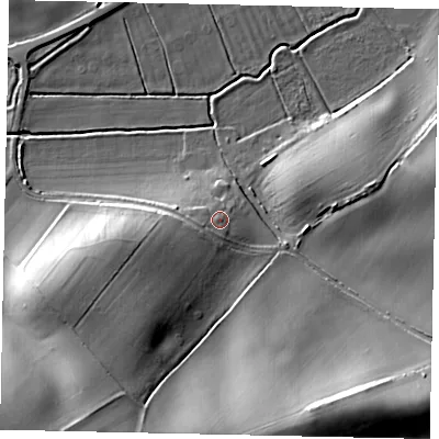 Shaded relief map of the ground around MK454HD, computed from Environment Agency LiDAR. The ground here sits at about 61 m above sea level and falls 27 m across the surrounding 800 m. Surface water reaching this point runs off ground lying to the west-south-west, 4.6 m higher.