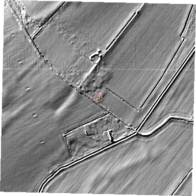 Shaded relief map of the ground around MK454HJ, computed from Environment Agency LiDAR. The ground here sits at about 50 m above sea level and falls 6 m across the surrounding 800 m. Surface water reaching this point runs off ground lying to the west-north-west, 1.3 m higher.