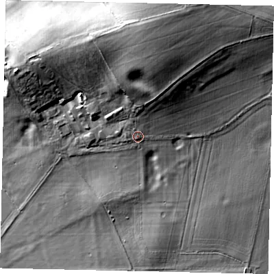 Shaded relief map of the ground around MK454HT, computed from Environment Agency LiDAR. The ground here sits at about 64 m above sea level and falls 21 m across the surrounding 800 m. Surface water reaching this point runs off ground lying to the north, 5.0 m higher.