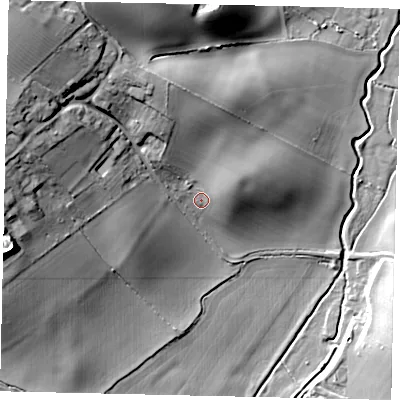Shaded relief map of the ground around MK454JE, computed from Environment Agency LiDAR. The ground here sits at about 55 m above sea level and falls 40 m across the surrounding 800 m. Surface water reaching this point runs off ground lying to the north-north-west, 15.5 m higher.