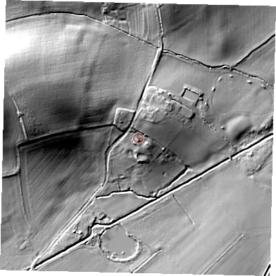Shaded relief map of the ground around MK454JR, computed from Environment Agency LiDAR. The ground here sits at about 55 m above sea level and falls 29 m across the surrounding 800 m. Surface water reaching this point runs off ground lying to the north-north-west, 3.2 m higher.