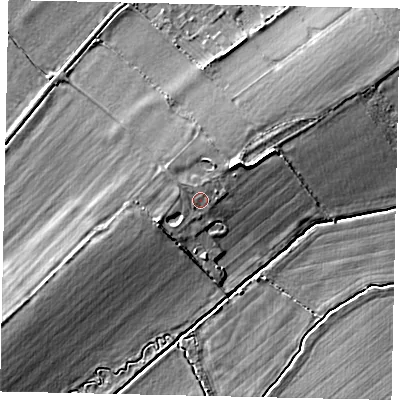 Shaded relief map of the ground around MK454QS, computed from Environment Agency LiDAR. The ground here sits at about 56 m above sea level and falls 6 m across the surrounding 800 m. Surface water reaching this point runs off ground lying to the north-west, 0.9 m higher.