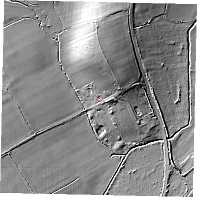 Shaded relief map of the ground around MK454QU, computed from Environment Agency LiDAR. The ground here sits at about 57 m above sea level and falls 16 m across the surrounding 800 m. Surface water reaching this point runs off ground lying to the north-east, 8.1 m higher.