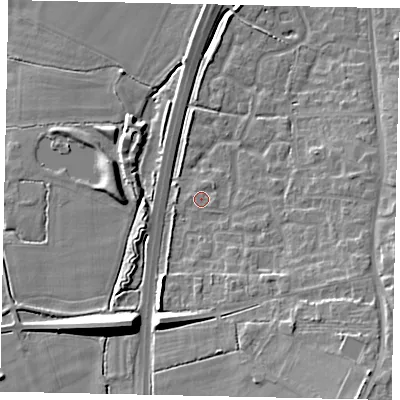 Shaded relief map of the ground around MK454SB, computed from Environment Agency LiDAR. The ground here sits at about 64 m above sea level and falls 14 m across the surrounding 800 m. Surface water reaching this point runs off ground lying to the south-east, 1.9 m higher.