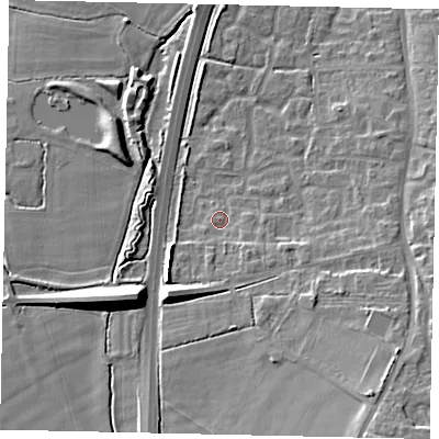 Shaded relief map of the ground around MK454SF, computed from Environment Agency LiDAR. The ground here sits at about 65 m above sea level and falls 15 m across the surrounding 800 m. Surface water reaching this point runs off ground lying to the south-east, 10.0 m higher.