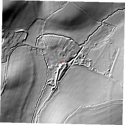 Shaded relief map of the ground around MK454SJ, computed from Environment Agency LiDAR. The ground here sits at about 68 m above sea level and falls 17 m across the surrounding 800 m. Surface water reaching this point runs off ground lying to the south-south-west, 3.1 m higher.
