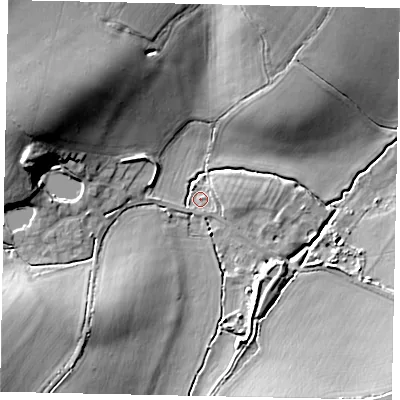 Shaded relief map of the ground around MK454SL, computed from Environment Agency LiDAR. The ground here sits at about 67 m above sea level and falls 19 m across the surrounding 800 m. Surface water reaching this point runs off ground lying to the west-north-west, 17.5 m higher.