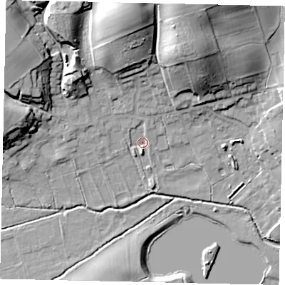 Shaded relief map of the ground around MK454TD, computed from Environment Agency LiDAR. The ground here sits at about 49 m above sea level and falls 28 m across the surrounding 800 m. Surface water reaching this point runs off ground lying to the north, 24.6 m higher.