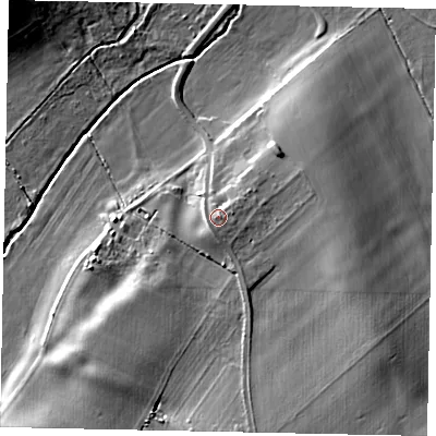 Shaded relief map of the ground around MK455AA, computed from Environment Agency LiDAR. The ground here sits at about 74 m above sea level and falls 13 m across the surrounding 800 m. Surface water reaching this point runs off ground lying to the east-north-east, 1.9 m higher.