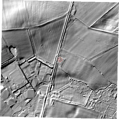 Shaded relief map of the ground around MK455BN, computed from Environment Agency LiDAR. The ground here sits at about 66 m above sea level and falls 15 m across the surrounding 800 m. Surface water reaching this point runs off ground lying to the west-south-west, 0.5 m higher.