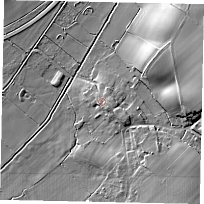 Shaded relief map of the ground around MK455EJ, computed from Environment Agency LiDAR. The ground here sits at about 63 m above sea level and falls 20 m across the surrounding 800 m. Surface water reaching this point runs off ground lying to the south-east, 2.5 m higher.