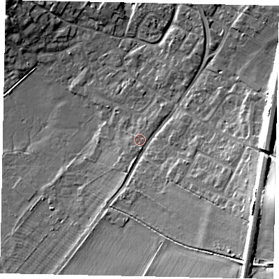 Shaded relief map of the ground around MK455LA, computed from Environment Agency LiDAR. The ground here sits at about 76 m above sea level and falls 16 m across the surrounding 800 m. Surface water reaching this point runs off ground lying to the south, 1.2 m higher.