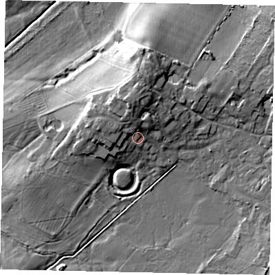 Shaded relief map of the ground around MK455NA, computed from Environment Agency LiDAR. The ground here sits at about 78 m above sea level and falls 15 m across the surrounding 800 m. Surface water reaching this point runs off ground lying to the north-north-west, 4.5 m higher.