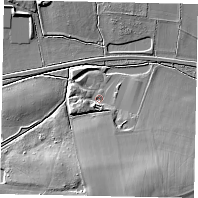 Shaded relief map of the ground around MK455RP, computed from Environment Agency LiDAR. The ground here sits at about 63 m above sea level and falls 14 m across the surrounding 800 m. Surface water reaching this point runs off ground lying to the south, 4.7 m higher.