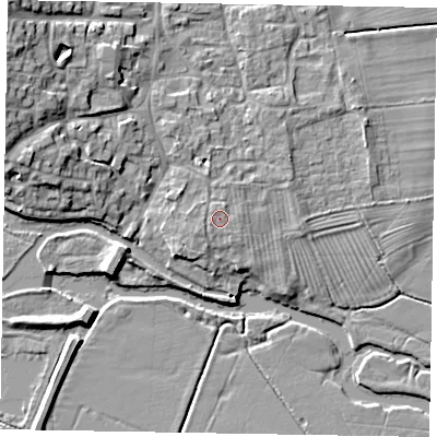 Shaded relief map of the ground around MK464AD, computed from Environment Agency LiDAR. The ground here sits at about 51 m above sea level and falls 12 m across the surrounding 800 m. The ground contributing surface water to this point lies to the west-south-west.