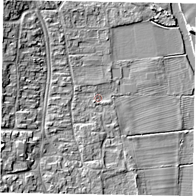 Shaded relief map of the ground around MK464DW, computed from Environment Agency LiDAR. The ground here sits at about 49 m above sea level and falls 11 m across the surrounding 800 m. Surface water reaching this point runs off ground lying to the west-south-west, 3.0 m higher.