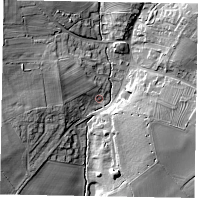 Shaded relief map of the ground around MK464EJ, computed from Environment Agency LiDAR. The ground here sits at about 60 m above sea level and falls 21 m across the surrounding 800 m. Surface water reaching this point runs off ground lying to the north-west, 17.4 m higher.