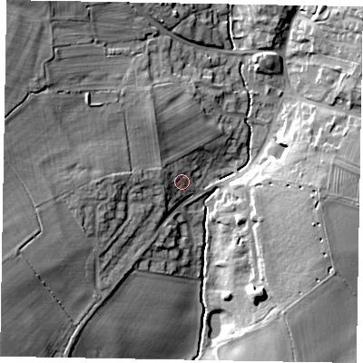Shaded relief map of the ground around MK464ET, computed from Environment Agency LiDAR. The ground here sits at about 61 m above sea level and falls 24 m across the surrounding 800 m. Surface water reaching this point runs off ground lying to the west, 7.1 m higher.