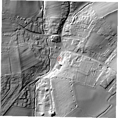 Shaded relief map of the ground around MK464EU, computed from Environment Agency LiDAR. The ground here sits at about 59 m above sea level and falls 19 m across the surrounding 800 m. Surface water reaching this point runs off ground lying to the north-west, 14.4 m higher.