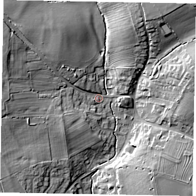 Shaded relief map of the ground around MK464EY, computed from Environment Agency LiDAR. The ground here sits at about 62 m above sea level and falls 22 m across the surrounding 800 m. Surface water reaching this point runs off ground lying to the north-west, 16.0 m higher.