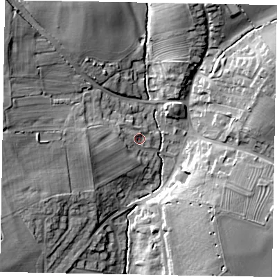 Shaded relief map of the ground around MK464HB, computed from Environment Agency LiDAR. The ground here sits at about 62 m above sea level and falls 23 m across the surrounding 800 m. Surface water reaching this point runs off ground lying to the west-north-west, 2.9 m higher.
