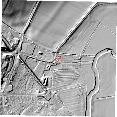 Shaded relief map of the ground around MK464HH, computed from Environment Agency LiDAR. The ground here sits at about 49 m above sea level and falls 21 m across the surrounding 800 m. Surface water reaching this point runs off ground lying to the west-north-west, 4.5 m higher.