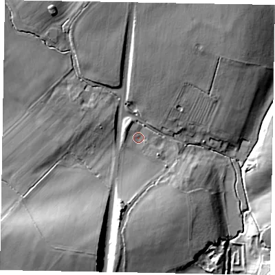 Shaded relief map of the ground around MK464HN, computed from Environment Agency LiDAR. The ground here sits at about 66 m above sea level and falls 19 m across the surrounding 800 m. Surface water reaching this point runs off ground lying to the north-west, 2.9 m higher.