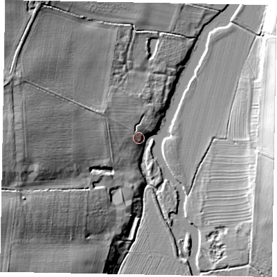 Shaded relief map of the ground around MK464JA, computed from Environment Agency LiDAR. The ground here sits at about 45 m above sea level and falls 19 m across the surrounding 800 m. Surface water reaching this point runs off ground lying to the south-west, 18.6 m higher.
