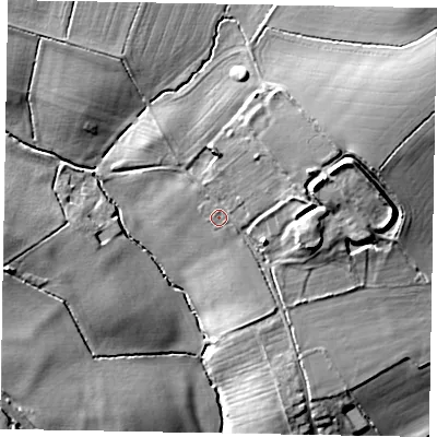 Shaded relief map of the ground around MK464JG, computed from Environment Agency LiDAR. The ground here sits at about 74 m above sea level and falls 26 m across the surrounding 800 m. Surface water reaching this point runs off ground lying to the north-east, 9.1 m higher.