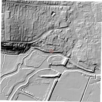 Shaded relief map of the ground around MK465FB, computed from Environment Agency LiDAR. The ground here sits at about 51 m above sea level and falls 25 m across the surrounding 800 m. Surface water reaching this point runs off ground lying to the north-north-west, 6.1 m higher.